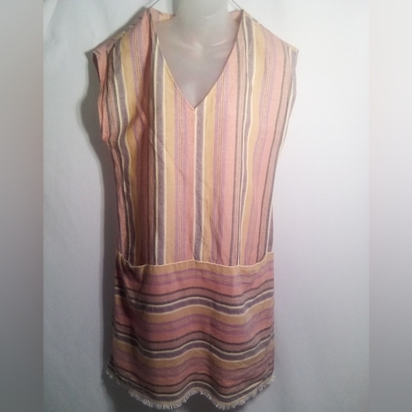 DREW Pink Orange Stripe Asymmetrical Linen Mini Dress Size Medium - Picture 1 of 7